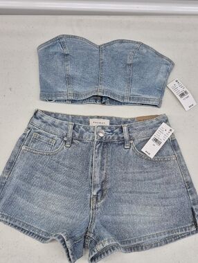 PacSun Faded Frost Blue Denim Bustier and High-Waist Shorts Set